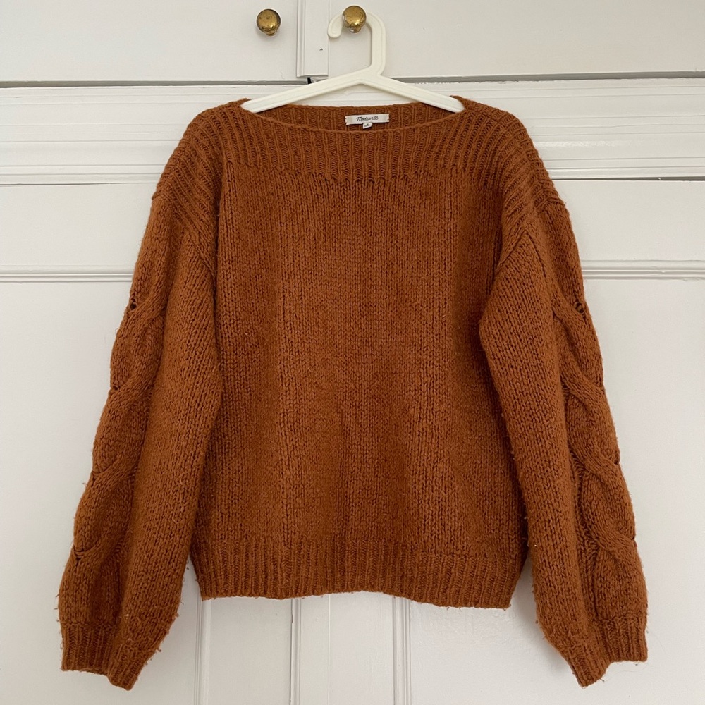 Madewell rust brown boatneck sweater with bell sleeves
